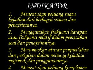 INDIKATOR 
1. Menentukan peluang suatu 
kejadian dari berbagai situasi dan 
penafsirannya. 
2. Menggunakan frekuensi harapan 
atau frekuensi relatif dalam pemecahan 
soal dan penafsirannya. 
3. Merumuskan aturan penjumlahan 
dan perkalian dalam peluang kejadian 
majemuk dan penggunaannya. 
4. Menentukan peluang komplemen 
suatu kejadian dan penafsirannya. 
 