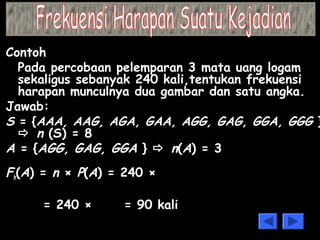Contoh 
Pada percobaan pelemparan 3 mata uang logam 
sekaligus sebanyak 240 kali,tentukan frekuensi 
harapan munculnya dua gambar dan satu angka. 
Jawab: 
S = {AAA, AAG, AGA, GAA, AGG, GAG, GGA, GGG } 
 n (S) = 8 
A = {AGG, GAG, GGA }  n(A) = 3 
Fh 
(A) = n × P(A) = 240 × 
n A 
( ) 
n ( S 
) 
= 240 × = 90 kali 
8 
3 
 
