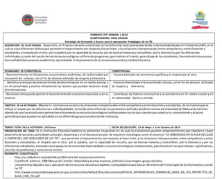 FORMATO DTP VERSION 1 2014 
COMPUTADORES PARA EDUCAR 
Estrategia de Formación y Acceso para la Apropiación Pedagógica de las TIC 
DESCRIPCIÓN DE LA ACTIVIDAD: Desarrollar un Proyecto de aula cumpliendo con las diferentes fases planteadas desde el Aprendizaje Basado en Problemas (ABP), en el 
cual se usan diferentes talleres que permiten el mejoramiento con respecto al buen trato, a las relaciones interpersonales entre compañeros y entre Docentes y 
estudiantes, el respeto por el otro, por la palabra, por la capacidad de escucha, por las buenas maneras y costumbres, por la tolerancia y por las diferencias 
individuales, a través del uso de herramientas tecnológicas y diferentes programas, que motiven el interés, aprendizaje de los estudiantes, favoreciendo los procesos 
de enseñabilidad y avances académicos, apuntándole al mejoramiento de la convivencia escolar y calidad educativa. 
ESTANDARES DE COMPETENCIA: COMPETENCIAS: 
- Reconocimiento, en situaciones comunicativas auténticas, de la diversidad y el 
encuentro de culturas, con el fin de afianzar actitudes de respeto y tolerancia. 
- Asume actitudes de convivencia pacífica y el respeto por el otro. 
- Identifico y rechazo las diversas formas de discriminación en mi medio escolar y 
en mi comunidad, y analizo críticamente las razones que puedan favorecer estas 
discriminaciones 
- Valora la diversidad y el encuentro de culturas, con el fin de afianzar actitudes 
de respeto y tolerancia. 
- Reconoce como puede aportar al mejoramiento de la convivencia escolar y en su 
entorno 
- Contribuyo de manera constructiva a la convivencia en mi medio escolar y en 
mi comunidad barrio o vereda 
OBJETIVO DE LA ACTIVIDAD: Mejorar la convivencia escolar y las relaciones interpersonales entre compañeros y entre Docentes y estudiantes, de tal manera que se 
refleje el respeto por las diferencias e individualidades, teniendo como referente los parámetros definidos desde las normas de Urbanidad del Manual de Carreño, 
además de que los estudiantes aprovechen eficazmente los recursos tecnológicos institucionales con los que cuentan para ampli ar su conocimiento y alcanzar 
aprendizajes que puedan ser aplicables en los diferentes grupos sociales donde interactúa. 
TIEMPO TOTAL DE LA ACTIVIDAD: 140 horas FECHA DE EJECUCIÓN: 15 de Mayo a 3 de Octubre de 2014 
PRESENTACIÓN DEL TEMA: En la Institución Educativa Malteria se presentan situaciones en las que los estudiantes asumen comportamientos que impiden e l buen 
desarrollo de las clases, actividades culturales, deportivas y en el descanso escolar. Se requieren estrategias como el proyecto “LA URBANIDAD EN EL AULA DE CLASE 
A PARTIR DEL USO ADECUADO DE LAS TIC”, que permitan el mejoramiento con respecto al buen trato, a las relaciones interpersonales entre compañeros y entre 
Docentes y estudiantes, el respeto por el otro, por la palabra, por la capacidad de escucha, por las buenas maneras y costumbres, por la tolerancia y por las 
diferencias individuales; tomando como apoyo las herramientas hipermediales y recursos tecnológicos institucionales, para favorecer los aprendizajes significativos, 
solución de problemas y convivencia escolar. 
REFERENTES CONCEPTUALES: 
- http://es.slideshare.net/edelinbravo29/teoria-del-socioconstructivismo 
- Carreño M. Antonio, 1998 Manual de Carreño: Urbanidad y buenas maneras, editorial nueva Imagen, grupo colectivo. 
- Lineamientos Digitales: Uso y aplicación de los recursos educativos digitales, Computadores para Educar, Ministerio de Tecnol ogías de la Información y uso de 
las TIC 
- http://www.computadoresparaeducar.gov.co/inicio/sites/default/files/documentos/AYUDAS_HIPERMEDIALES_DINAMICAS_(AHD)_EN_LOS_PROYECTOS_DE_ 
AULA_CON_TIC.pdf 
 