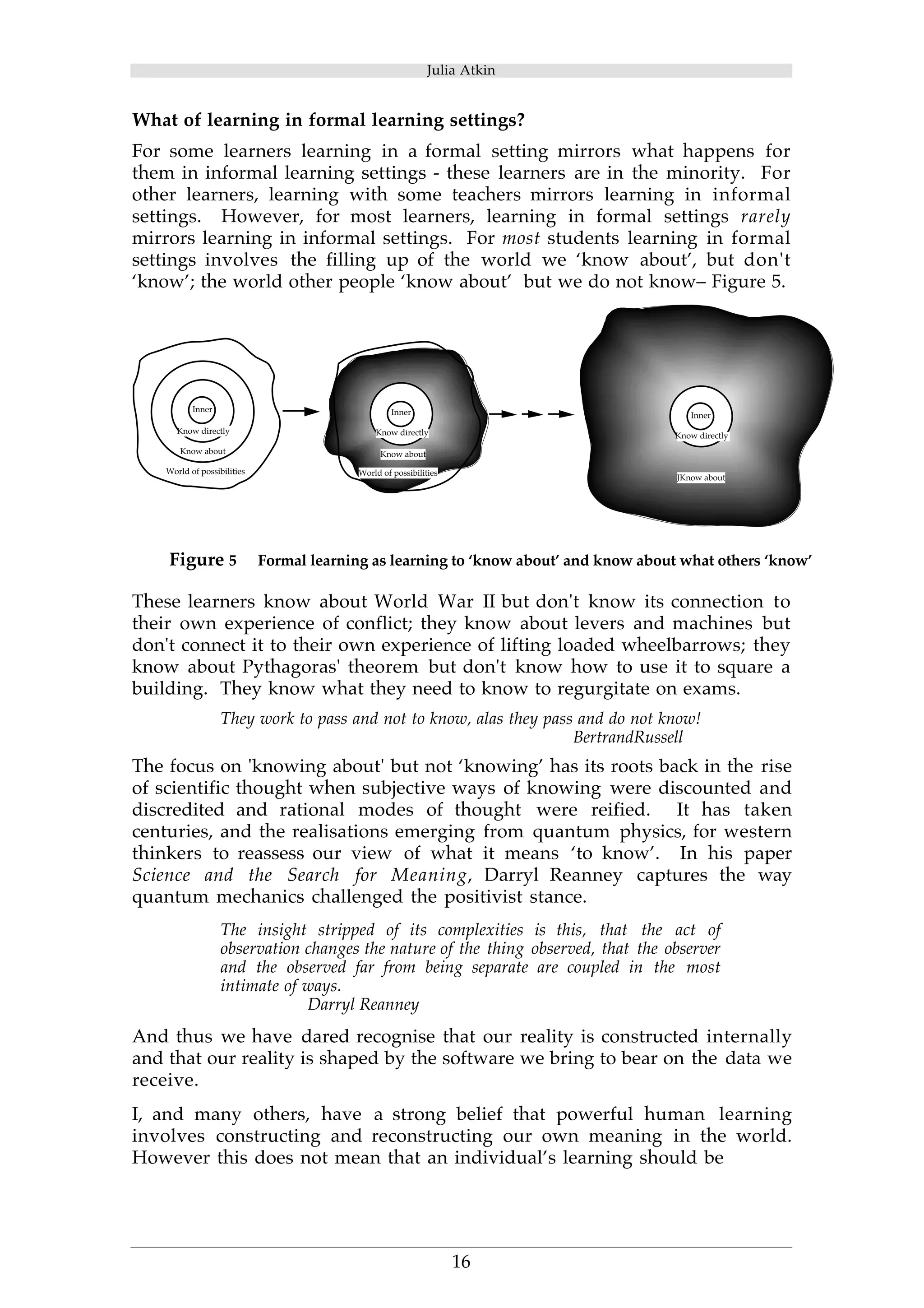 Julia Atkin 
What of learning in formal learning settings? 
For some learners learning in a formal setting mirrors what happens for 
them in informal learning settings - these learners are in the minority. For 
other learners, learning with some teachers mirrors learning in informal 
settings. However, for most learners, learning in formal settings rarely 
mirrors learning in informal settings. For most students learning in formal 
settings involves the filling up of the world we ‘know about’, but don't 
‘know’; the world other people ‘know about’ but we do not know– Figure 5. 
16 
Inner 
Know directly 
Know about 
World of possibilities 
Inner 
Know directly 
Know about 
World of possibilities 
Inner 
Know directly 
JKnow about 
Figure 5 Formal learning as learning to ‘know about’ and know about what others ‘know’ 
These learners know about World War II but don't know its connection to 
their own experience of conflict; they know about levers and machines but 
don't connect it to their own experience of lifting loaded wheelbarrows; they 
know about Pythagoras' theorem but don't know how to use it to square a 
building. They know what they need to know to regurgitate on exams. 
They work to pass and not to know, alas they pass and do not know! 
BertrandRussell 
The focus on 'knowing about' but not ‘knowing’ has its roots back in the rise 
of scientific thought when subjective ways of knowing were discounted and 
discredited and rational modes of thought were reified. It has taken 
centuries, and the realisations emerging from quantum physics, for western 
thinkers to reassess our view of what it means ‘to know’. In his paper 
Science and the Search for Meaning, Darryl Reanney captures the way 
quantum mechanics challenged the positivist stance. 
The insight stripped of its complexities is this, that the act of 
observation changes the nature of the thing observed, that the observer 
and the observed far from being separate are coupled in the most 
intimate of ways. 
Darryl Reanney 
And thus we have dared recognise that our reality is constructed internally 
and that our reality is shaped by the software we bring to bear on the data we 
receive. 
I, and many others, have a strong belief that powerful human learning 
involves constructing and reconstructing our own meaning in the world. 
However this does not mean that an individual’s learning should be 
 