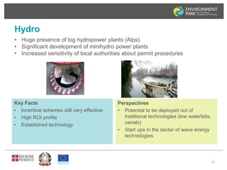 Hydro 
• Huge presence of big hydropower plants (Alps) 
• Significant development of minihydro power plants 
• Increased sensitivity of local authorities about permit procedures 
11 
Key Facts 
• Incentive schemes still very effective 
• High ROI profile 
• Established technology 
Perspectives 
• Potential to be deployed out of 
traditional technologies (low waterfalls, 
canals) 
• Start ups in the sector of wave energy 
technologies 
 