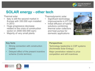 SOLAR energy - other tech 
Thermal solar 
• Italy is still the second market in 
Europe with 330.000 sqm installed 
in 2013 
• Huge progressive decrease 
related to the crisis of construction 
sector (in 2008 500.000 sqm) 
• Majority of very small plants 
9 
Key facts 
• Strong connection with construction 
market 
• Delayed effect of the present incentive 
scheme (Conto termico) 
Thermodynamic solar 
• Significant technology 
improvements in HT CSP 
• Initial diffusion of hybrid 
solutions combining 
thermal solar collectors 
and heat pumps for 
domestic applications 
Perspectives 
Technology leadership in CSP systems 
(Archimede Solar Energy) 
Major penetration related to price 
competition and still incentives 
 