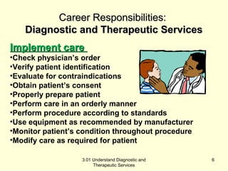 CCaarreeeerr RReessppoonnssiibbiilliittiieess:: 
DDiiaaggnnoossttiicc aanndd TThheerraappeeuuttiicc SSeerrvviicceess 
IImmpplleemmeenntt ccaarree 
•Check physician’s order 
•Verify patient identification 
•Evaluate for contraindications 
•Obtain patient’s consent 
•Properly prepare patient 
•Perform care in an orderly manner 
•Perform procedure according to standards 
•Use equipment as recommended by manufacturer 
•Monitor patient’s condition throughout procedure 
•Modify care as required for patient 
3.01 Understand Diagnostic and 
Therapeutic Services 
6 
 