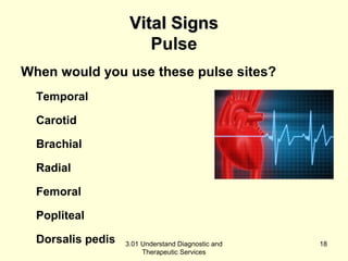 VViittaall SSiiggnnss 
Pulse 
When would you use these pulse sites? 
Temporal 
Carotid 
Brachial 
Radial 
Femoral 
Popliteal 
Dorsalis pedis 3.01 Understand Diagnostic and 
Therapeutic Services 
18 
 