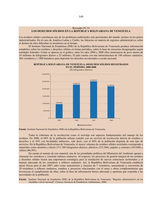 149 
Recuadro IV.14 
LOS DESECHOS SÓLIDOS EN LA REPÚBLICA BOLIVARIANA DE VENEZUELA 
Los residuos sólidos constituyen uno de los problemas ambientales más persistentes del mundo, incluso en los países 
industrializados. En el caso de América Latina y Caribe, las falencias en materia de registros administrativos sobre 
el destino de ellos dificultan su monitoreo en el tiempo. 
El Instituto Nacional de Estadística (INE) de la República Bolivariana de Venezuela produce información 
estadística sobre los residuos y desechos sólidos en forma periódica, sobre la base de encuestas desagregadas según 
entidades federales. Como se aprecia en el gráfico, entre los años 2000 y 2008 ellos aumentaron de poco menos de 
10 millones de kilogramos diarios a 25 millones. El país cuenta con una infraestructura de 198 rellenos sanitarios, 
204 vertederos y 1.888 botaderos para depositar los desechos recolectados a escala nacional. 
REPÚBLICA BOLIVARIANA DE VENEZUELA: DESECHOS SÓLIDOS REGISTRADOS 
EN EL PERÍODO, 2000-2008 
(En kilogramos diarios) 
9 622 350 
22 909 172 
25 206 035 
30 000 000 
25 000 000 
20 000 000 
15 000 000 
10 000 000 
5 000 000 
Fuente: Instituto Nacional de Estadística (INE) de la República Bolivariana de Venezuela. 
Tanto la cobertura de la recolección como el reciclaje son aspectos fundamentales del manejo de los 
residuos. En 2006, el 69% de la población urbana contaba con un servicio de recolección directa de residuos y 
desechos y el 10% con facilidades indirectas, vale decir, casi el 80% de la población disponía de este tipo de 
servicios. En la República Bolivariana de Venezuela, el mayor volumen de residuos sólidos reciclados corresponde a 
materiales como aluminio y hierro (311.305 kilogramos diarios), plásticos (231.966), papeles y cartones (165.048) y 
vidrios (86.591). 
En cuanto al manejo de este material, una de las prioridades políticas del Ministerio del Ambiente apunta a 
clausurar los vertederos y construir rellenos sanitarios. Al respecto, los proyectos de gestión integral de los residuos 
y desechos sólidos tienen una importancia estratégica para la instalación de nuevas estructuras territoriales y el 
manejo adecuado de los vertederos y rellenos sanitarios. Así, la República Bolivariana de Venezuela estableció 
metas físicas para el año 2007, tales como saneamiento y clausura de 7 vertederos, saneamiento y conversión de 
29 vertederos a rellenos sanitarios, estudios y proyectos relacionados con el tema y obras complementarias que 
favorezcan el cumplimiento de ellas, sobre la base de información básica adecuada y oportuna que responda a las 
necesidades de la población. 
Fuente: Instituto Nacional de Estadística (INE) de la República Bolivariana de Venezuela, “Registro administrativo de las 
Alcaldías a nivel nacional”, Caracas, Gerencia de Estadísticas Ambientales, 2008. 
21 794 672 
0 
2000 2006 2007 2008 
Desechos sólidos 
 