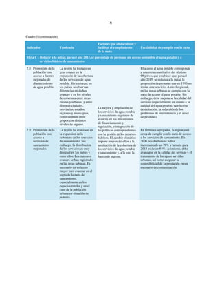 16 
Cuadro 1 (continuación) 
Indicador Tendencia 
Factores que obstaculizan y 
facilitan el cumplimiento 
de la meta 
Factibilidad de cumplir con la meta 
Meta C - Reducir a la mitad, para el año 2015, el porcentaje de personas sin acceso sostenible al agua potable y a 
servicios básicos de saneamiento 
7.8 Proporción de la 
población con 
acceso a fuentes 
mejoradas de 
abastecimiento 
de agua potable 
La región ha logrado un 
gran avance en la 
expansión de la cobertura 
de los servicios de agua 
potable. Sin embargo, en 
los países se observan 
diferencias en dichos 
avances y en los niveles 
de cobertura entre áreas 
rurales y urbanas, y entre 
distintas ciudades, 
provincias, estados, 
regiones y municipios, 
como también entre 
grupos con distintos 
niveles de ingreso. 
El acceso al agua potable corresponde 
a una meta cuantitativa del séptimo 
Objetivo, que establece que, para el 
año 2015, se reduzca a la mitad la 
proporción de personas que en 1990 no 
tenían este servicio. A nivel regional, 
en las zonas urbanas se cumple con la 
meta de acceso al agua potable. Sin 
embargo, debe mejorarse la calidad del 
servicio (especialmente en cuanto a la 
calidad del agua potable, su efectiva 
desinfección, la reducción de los 
problemas de intermitencia y el nivel 
de pérdidas). 
7.9 Proporción de la 
población con 
acceso a 
servicios de 
saneamiento 
mejorados 
La región ha avanzado en 
la expansión de la 
cobertura de los servicios 
de saneamiento. Sin 
embargo, la distribución 
de los servicios es muy 
desigual en los países y 
entre ellos. Los mayores 
avances se han registrado 
en las áreas urbanas. Es 
necesario un esfuerzo 
mayor para avanzar en el 
logro de la meta de 
saneamiento, 
especialmente en los 
espacios rurales y en el 
caso de la población 
urbana en situación de 
pobreza. 
La mejora y ampliación de 
los servicios de agua potable 
y saneamiento requieren de 
avances en los mecanismos 
de financiamiento y 
regulación, e integración de 
las políticas correspondientes 
con la gestión de los recursos 
hídricos. El cambio climático 
impone nuevos desafíos a la 
ampliación de la cobertura de 
los servicios de agua potable 
y saneamiento y, a la vez, la 
hace más urgente. 
En términos agregados, la región está 
cerca de cumplir con la meta de acceso 
a los servicios de saneamiento. En 
2006 la cobertura se había 
incrementado un 78% y la meta para 
2015 es de un 84%. Asimismo, debe 
avanzarse en la calidad del servicio y el 
tratamiento de las aguas servidas 
urbanas, así como asegurar la 
sostenibilidad de la prestación en un 
escenario de contaminación. 
 