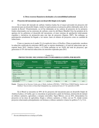 168 
4. Otros recursos financieros destinados a la sostenibilidad ambiental 
a) Proyectos del mecanismo para un desarrollo limpio en la región 
En el inicio del mercado de carbono América Latina fue el mayor proveedor de proyectos del 
mecanismo para un desarrollo limpio, siendo la región pionera en proyectos piloto elaborados antes de la 
reunión de Kyoto4. Posteriormente, su rol fue dominante en las carteras de proyectos de los primeros 
fondos relacionados con las emisiones de carbono, como los del Banco Mundial. Esto fue producto de la 
apertura de los gobiernos al desarrollo del mecanismo, al tener sistemas de aprobación relativamente 
expeditos e iniciativas de promoción para este tipo de proyectos (Eguren, 2007). Sin embargo, su 
participación actualmente ha llegado a ser menor, tanto en número de proyectos como en cantidad de 
reducciones. 
Como se muestra en el cuadro V.4, la región de Asia y el Pacífico, China en particular, encabeza 
la reducción certificada de emisiones (RCE) que se registra anualmente y el total de reducciones que se 
esperan hasta 2012. América Latina y el Caribe participa en un 19,6% del total de proyectos, que 
generarían el 15% del total de reducciones de emisiones esperadas para 2012. 
Cuadro V.4 
PROYECTOS DEL MECANISMO PARA UN DESARROLLO LIMPIO, POR REGIÓN 
Proyectos 
Reducciones 
certificadas 
de emisiones 
Reducciones certificadas 
de emisiones, 2012 
Población 
Reducciones 
certificadas de 
emisiones per 
cápita, 2012 
Total de proyectos del 
mecanismo para un 
desarrollo limpio 
en trámite 
(cantidad) (porcentaje) (cantidad) (cantidad) (porcentaje) (millones de 
habitantes) 
(cantidad) 
América Latina 800 17,3 77 119 389 368 14,0 449 0,87 
Asia y el Pacífico 3 628 78,3 522 884 2 263 323 81,2 3 418 0,66 
Europa y Asia central 46 1,0 4 605 18 483 0,7 149 0,12 
África 111 2,4 20 504 82 759 3,0 891 0,09 
Oriente Medio 46 1,0 7 224 32 858 1,2 186 0,18 
Total de regiones menos 
desarrolladas 4 631 100 632 336 2 786 791 100 5 093 0,55 
Fuente: Programa de las Naciones Unidas para el Medio Ambiente (PNUMA), “UNEP Risoe CDM/JI Pipeline Analysis and 
Database” [base de datos en línea] http://cdmpipeline.org, actualización hasta el 1º de septiembre de 2009. 
En el Brasil se encuentra un 40% de los proyectos del mecanismo para un desarrollo limpio de 
América Latina y el Caribe, que se concentran en generación a partir de biomasa, destrucción de metano 
en rellenos sanitarios, agricultura y energías renovables. Sigue México, con un 26%, destacándose los 
proyectos en las áreas de agricultura, biogás y rellenos sanitarios, y Chile, con un 7%, donde existen 
proyectos relacionados principalmente con biomasa y rellenos sanitarios (véanse los gráficos V.3 y V.4). 
4 En esta información no se incluye al Caribe. 
 