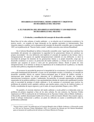 19 
Capítulo I 
DESARROLLO SOSTENIBLE, MEDIO AMBIENTE Y OBJETIVOS 
DE DESARROLLO DEL MILENIO 
A. EL PARADIGMA DEL DESARROLLO SOSTENIBLE Y LOS OBJETIVOS 
DE DESARROLLO DEL MILENIO 
1. Evolución y consolidación del concepto de desarrollo sostenible 
Hasta fines de los años ochenta, el medio ambiente —y su relación con el crecimiento económico y la 
justicia social— no ocupaba un lugar destacado en las agendas nacionales ni internacionales. Esta 
situación empezó a cambiar con la emergencia del concepto de desarrollo sostenible, que se consolidó en 
1987 con la publicación de “Nuestro futuro común”, también conocida como informe Brundtland1. 
En el informe Brundtland se define el desarrollo sostenible como “aquel que busca satisfacer las 
necesidades del presente sin comprometer la capacidad de las generaciones futuras de satisfacer sus 
propias necesidades”. En esta definición está implícito el concepto de equidad en dos formas: inter e 
intrageneracional. El aspecto de equidad intergeneracional contenido en esta definición, es decir la 
necesidad de proteger los derechos de las generaciones futuras a su propio desarrollo, exige que el 
desarrollo económico se asocie a la protección del medio ambiente y a formas de uso de los recursos 
naturales que aseguren el acceso a estos por las generaciones futuras. Desde el punto de vista 
intrageneracional, en el informe se destaca la importancia de la erradicación de la pobreza y la relación 
circular entre pobreza y degradación ambiental. 
Al reconocer la necesidad de preservar la integridad de los ecosistemas y los procesos ecológicos 
como parte fundamental del desarrollo, a la par con las prioridades sociales y económicas, el concepto de 
desarrollo sostenible ofrecía un espacio teórico-conceptual para el diseño de política nacional e 
internacional para abordar los riesgos inherentes de la globalización y entender sus complejas 
interrelaciones económicas, sociales y ambientales. En particular, el concepto representaba un principio 
organizador de las políticas públicas y una oportunidad para abordar de manera más equilibrada la tensión 
entre la necesidad de proteger el medio ambiente y la de aumentar el crecimiento para resolver los 
problemas de asimetría social, equidad y pobreza, que muchos países, como los de América Latina y el 
Caribe, consideraban de mayor urgencia y, por lo tanto, de mayor prioridad (Najam y otros, 2003). 
En paralelo, el creciente deterioro del medio ambiente a escala global se evidenciaba como un 
problema de primera magnitud a fines de los años ochenta. En este contexto, las Naciones Unidas 
impulsaron en 1992 la realización de la Conferencia de las Naciones Unidas sobre el Medio Ambiente y 
el Desarrollo, también denominada Cumbre de la Tierra, en Río de Janeiro (Brasil). Esta reunión supuso, 
desde el enfoque institucional y político, un punto de inflexión en cuanto a sensibilización sobre la 
problemática ambiental. 
1 “Nuestro futuro común” fue publicado por la Comisión Mundial sobre el Medio Ambiente y el Desarrollo creada 
en 1983 por las Naciones Unidas (Brundtland, 1987). La Comisión fue liderada por Gro Harlem Brundtland, 
quien al momento de la publicación del informe era Primera Ministra de Noruega. 
 