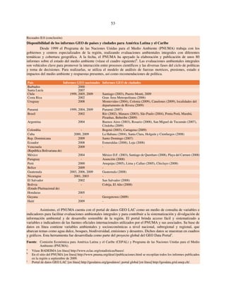 53 
Recuadro II.8 (conclusión) 
Disponibilidad de los informes GEO de países y ciudades para América Latina y el Caribe 
Desde 1999 el Programa de las Naciones Unidas para el Medio Ambiente (PNUMA) trabaja con los 
gobiernos y centros especializados de la región, realizando evaluaciones ambientales integrales con diferentes 
temáticas y cobertura geográfica. A la fecha, el PNUMA ha apoyado la elaboración y publicación de unos 80 
informes sobre el estado del medio ambiente (véase el cuadro siguiente)b. Las evaluaciones ambientales integrales 
son vehículos clave para promover la interacción entre procesos científicos y las diversas fases del ciclo de políticas 
y toma de decisiones. Para realizarlas, se utiliza el modelo de análisis de fuerzas motrices, presiones, estado e 
impactos del medio ambiente y respuestas presentes, así como recomendaciones de política. 
País Informes GEO nacionales Informes GEO de ciudades 
Barbados 2000 
Santa Lucía 2007 
Chile 1999, 2005, 2009 Santiago (2003), Puerto Montt, 2009 
Costa Rica 2002 Gran Área Metropolitana (2006) 
Uruguay 2008 Montevideo (2004), Colonia (2009), Canelones (2009), localidades del 
departamento de Rivera (2009) 
Panamá 1999, 2004, 2009 Panamá (2007) 
Brasil 2002 Río (2002), Manaos (2003), São Paulo (2004), Ponta Porã, Marabá, 
Piranhas, Beberibe (2009) 
Argentina 2004 Buenos Aires (2003), Rosario (2008), San Miguel de Tucumán (2007), 
Córdoba (2009) 
Colombia - Bogotá (2003), Cartagena (2009) 
Cuba 2000, 2009 La Habana (2004), Santa Clara, Holguín y Cienfuegos (2008) 
Rep. Dominicana 2009 Santo Domingo (2007) 
Ecuador 2008 Esmeraldas (2008), Loja (2008) 
Venezuela 
2009 - 
(República Bolivariana de) 
México 2004 México D.F. (2003), Santiago de Querétaro (2008), Playa del Carmen (2008) 
Paraguay - Asunción (2008) 
Perú 2000 Arequipa (2005), Lima y Callao (2005), Chiclayo (2008) 
Belice 2009 - 
Guatemala 2003, 2006, 2009 Guatemala (2008) 
Nicaragua 2001, 2003 - 
El Salvador 2002 San Salvador (2008) 
Bolivia 
- Cobija, El Alto (2008) 
(Estado Plurinacional de) 
Honduras 2005 
Guyana - Georgetown (2009) 
Haití 2009 - 
Asimismo, el PNUMA cuenta con el portal de datos GEO LAC como un medio de consulta de variables e 
indicadores para facilitar evaluaciones ambientales integrales y para contribuir a la sistematización y divulgación de 
información ambiental y de desarrollo sostenible de la región. El portal brinda acceso fácil y sistematizado a 
variables e indicadores de las fuentes oficiales internacionales utilizados por el PNUMA y sus asociados. Su base de 
datos en línea contiene variables ambientales y socioeconómicas a nivel nacional, subregional y regional, que 
abarcan temas como agua dulce, bosques, biodiversidad, emisiones y desastres. Dichos datos se muestran en cuadros 
y gráficos. Esta herramienta fue desarrollada como parte del proyecto global del GEO Data Portalc. 
Fuente: Comisión Económica para América Latina y el Caribe (CEPAL) y Programa de las Naciones Unidas para el Medio 
Ambiente (PNUMA). 
a Véase BADEIMA [en línea] http://www.eclac.org/estadisticas/bases/. 
b En el sitio del PNUMA [en línea] http://www.pnuma.org/deat1/publicaciones.html se recopilan todos los informes publicados 
en la región a septiembre de 2009. 
c Portal de datos GEO LAC [en línea] http://geodatos.org/geodatos/; portal global [en línea] http://geodata.grid.unep.ch/. 
 
