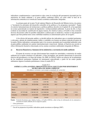 83 
indicadores complementarios o aproximativos tales como la evolución del presupuesto ejecutado por los 
ministerios de medio ambiente y el gasto público ambiental (GPA), así como sobre la base de la 
información contenida en el sistema de cuentas económico-ambientales integradas. 
La primera parte de la meta 7A del séptimo Objetivo de Desarrollo del Milenio invita a los países 
a “incorporar los principios del desarrollo sostenible en las políticas y los programas nacionales”. Según 
el contexto latinoamericano de instituciones y políticas públicas descrito en el capítulo II, se ha registrado 
un avance generalizado en materia de legislación e institucionalidad ambiental. A pesar de ello, se hace 
evidente la necesidad de cuantificarlo de alguna manera. En América Latina y el Caribe se han sostenido 
diversas discusiones sobre los posibles indicadores a utilizar para su medición, e incluso se han propuesto 
algunos que bien podrían tener cierta viabilidad estadística en determinados países de la región2. 
A los efectos del presente análisis, se decidió utilizar dos indicadores que se consideró pertinentes 
y relevantes, además de estadísticamente viables y confiables en al menos un número reducido de países de 
la región. Dichos indicadores corresponden tanto a los recursos ejecutados por la autoridad ambiental como 
al gasto público ambiental, de carácter interinstitucional o transversal. Además, al final de esta sección se 
ofrece información ilustrativa relacionada con las cuentas económico-ambientales integradas de México. 
a) Recursos financieros y humanos de los ministerios y secretarías de medio ambiente 
El monto de recursos con que efectivamente han contado las autoridades o ministerios de medio 
ambiente de la región constituye un indicador, si bien incompleto, que permite dimensionar la ejecución 
efectiva del presupuesto a lo largo del tiempo. En 2009, la CEPAL realizó un esfuerzo de levantamiento 
de las estadísticas pertinentes mediante un instrumento especializado, a partir de las cuales pueden 
adelantarse algunos resultados preliminares (véase el cuadro IV.3). 
Cuadro IV.3 
AMÉRICA LATINA (8 PAÍSES): PRESUPUESTO TOTAL EJECUTADO POR MINISTERIOS Y 
SECRETARÍAS DE MEDIO AMBIENTE a 
(En dólares corrientes y porcentajes acumulados de variación) 
País 1995 2000 2005 
Porcentajes 
acumulados de 
variación 
1995-2000 
Porcentajes 
acumulados de 
variación 
2000-2005 
Porcentajes 
acumulados de 
variación 
1995-2005 
Argentina 17 342 051 16 878 338 15 349 971 -2,6 -9,0 -11,4 
Uruguay 1 591 269 3 222 016 1 676 786 102,4 -47,9 5,3 
Chile 10 375 448 20 224 588 18 341 236 94,9 -9,3 76,7 
Guatemala ... ... 4 999 332 ... ... ... 
Brasil ... 315 696 239 490 132 036 ... 55,2 ... 
México 107 252 680 1 569 965 185 2 612 000 848 1 363,8 66,3 2 335,3 
Colombia 47 965 823 16 514 081 79 307 549 -65,5 380,2 65,3 
Belice ... 126 880 218 041 ... 71,8 ... 
Fuente: Comisión Económica para América Latina y el Caribe (CEPAL), sobre la base de información de los ministerios o 
secretarías de medio ambiente de los respectivos países. 
a Cifras preliminares. 
2 Una de las propuestas de posibles indicadores puede encontrarse en Quiroga (2007). 
 