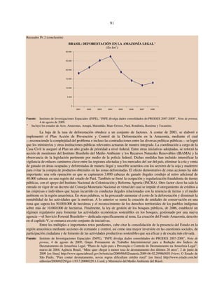 91 
Recuadro IV.2 (conclusión) 
BRASIL: DEFORESTACIÓN EN LA AMAZONÍA LEGAL a 
(En km2) 
30 000 
25 000 
20 000 
15 000 
10 000 
5 000 
0 
2001 2002 2003 2004 2005 2006 2007 2008 
Fuente: Instituto de Investigaciones Espaciales (INPE), “INPE divulga dados consolidados do PRODES 2007-2008”, Nota de prensa, 
4 de agosto de 2009. 
a Incluye los estados de Acre, Amazonas, Amapá, Maranhão, Mato Grosso, Pará, Rondônia, Roraima y Tocantins. 
La baja de la tasa de deforestación obedece a un conjunto de factores. A contar de 2003, se elaboró e 
implementó el Plan Acción de Prevención y Control de la Deforestación en la Amazonía, mediante el cual 
—reconociendo la complejidad del problema e incluso las contradicciones entre las diversas políticas públicas— se logró 
que los ministerios y otras instituciones públicas relevantes actuaran de manera integrada. La coordinación a cargo de la 
Casa Civil le aseguró al Plan un alto grado de prioridad a nivel federal. Entre otras iniciativas adoptadas, se reforzó la 
acción de monitoreo del Instituto Brasileño del Medio Ambiente y los Recursos Naturales Renovables (IBAMA) y la 
observancia de la legislación pertinente por medio de la policía federal. Dichas medidas han incluido intensificar la 
vigilancia de enlaces camineros clave entre las regiones afectadas y los mercados del sur del país, eliminar la cría y venta 
de ganado en áreas ocupadas y deforestadas de manera ilegal y suscribir acuerdos con los sectores de la soja y maderero 
para evitar la compra de productos obtenidos en las zonas deforestadas. El efecto demostrativo de estas acciones ha sido 
importante: una sola operación en que se capturaron 3.000 cabezas de ganado ilegales condujo al retiro adicional de 
40.000 cabezas en una región del estado de Pará. También se frenó la ocupación y regularización fraudulenta de tierras 
públicas, con el apoyo del Instituto Nacional de Colonización y Reforma Agraria (INCRA). Otro factor clave ha sido la 
entrada en vigor de un decreto del Consejo Monetario Nacional en virtud del cual se impide el otorgamiento de créditos a 
las empresas e individuos que hayan incurrido en conductas ilegales relacionadas con la tenencia de tierras y el medio 
ambiente en la región amazónica. En otras palabras, se ha procurado aumentar el costo de la deforestación y disminuir la 
rentabilidad de las actividades que la motivan. A lo anterior se suma la creación de unidades de conservación en una 
zona que supera los 50.000.000 de hectáreas y el reconocimiento de los derechos territoriales de los pueblos indígenas 
sobre más de 10.000.000 de hectáreas. Finalmente, la ley de gestión de los bosques públicos, de 2006, estableció un 
régimen regulatorio para fomentar las actividades económicas sostenibles en los bosques, gestionado por una nueva 
agencia —el Servicio Forestal Brasileño— dedicada específicamente al tema. La creación del Fondo Amazonía, descrito 
en el capítulo V, se enmarca en este conjunto de iniciativas. 
Entre los múltiples e importantes retos pendientes, cabe citar la consolidación de la presencia del Estado en la 
región amazónica mediante acciones de comando y control, así como una mayor inversión en las cuestiones sociales, de 
participación ciudadana y de fomento de las actividades productivas sostenibles que sea eficaz y de escala más elevada. 
Fuente: Instituto de Investigaciones Espaciales (INPE), “INPE divulga dados consolidados do PRODES 2007-2008”, Nota de 
prensa, 4 de agosto de 2009; Grupo Permanente de Trabalho Interministerial para a Redução dos Índices de 
Desmatamento da Amazônia Legal, “Plano de Ação para a Prevenção e Controle do Desmatamento na Amazônia Legal”, 
marzo de 2004; Agência Brasil, “Minc quer chegar à menor taxa de desmatamento dos últimos 20 anos”, 2 de junio de 
2009 [en línea] http://www.agenciabrasil.gov.br/noticias/2009/06/02/materia.2009-06-02.2998650511/view; O Estado de 
São Paulo, “Para conter desmatamento, novas regras dificultam crédito rural” [en línea] http://www.estado.com.br/ 
editorias/2008/02/29/ger-1.93.7.20080229.1.1.xml; y Ministerio del Medio Ambiente del Brasil. 
 