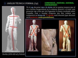 Dorífor (450-420 aC), Policlet 
Té el cap decantat cap a la dreta, de la mateixa manera que el cos s’inclina lleugerament en la mateixa direcció i el tronc està projectat cap a fora per tal d’aguantar la llança recolzada sobre l’espatlla. Com a resultat d’aquests dos fets, trobem una composició en forma de “S” girada molt discreta (que derivarà en la posterior corba praxiteliana). 
COMPOSICIÓ, POSTURA NATURAL, CONTRAPOSAT: 
2.- ANÀLISI TÈCNICA I FORMAL (1p)  