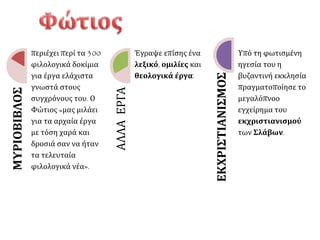 ΜΥΡΙΟΒΙΒΛΟΣ 
περιέχει περί τα 300 
φιλολογικά δοκίμια 
για έργα ελάχιστα 
γνωστά στους 
συγχρόνους του. Ο 
Φώτιος «μας μιλάει 
για τα αρχαία έργα 
με τόση χαρά και 
δροσιά σαν να ήταν 
τα τελευταία 
φιλολογικά νέα». 
ΑΛΛΑ ΕΡΓΑ 
Έγραψε επίσης ένα 
λεξικό, ομιλίες και 
θεολογικά έργα. 
ΕΚΧΡΙΣΤΙΑΝΙΣΜΟΣ 
Υπό τη φωτισμένη 
ηγεσία του η 
βυζαντινή εκκλησία 
πραγματοποίησε το 
μεγαλόπνοο 
εγχείρημα του 
εκχριστιανισμού 
των Σλάβων. 
 