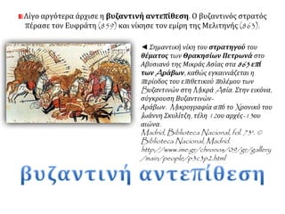 Λίγο αργότερα άρχισε η βυζαντινή αντεπίθεση. Ο βυζαντινός στρατός 
πέρασε τον Ευφράτη (859) και νίκησε τον εμίρη της Μελιτηνής (863). 
◄ Σημαντική νίκη του στρατηγού του 
θέματος των Θρακησίων Πετρωνά στο 
Αβυσιανό της Μικράς Ασίας στα863 επ ί 
τωνAράβων, καθώς εγκαινιάζεται η 
π ερίοδος του επ ιθετικούπ ολέμου των 
Bυζαντινών στηMικράAσία. Στην εικόνα, 
σύγκρουση Βυζαντινών- 
Αράβων. Mικρογραφία απ ό τοXρονικό του 
I ωάννη Σκυλίτζη, τέλη12ου αρχές-13ου 
αιώνα. 
Madrid, Biblioteca Nacional, fol. 73a. © 
Biblioteca Nacional, Madrid. 
http://www.ime.gr/chronos/09/gr/gallery 
/main/people/p3c3p2.html 
 