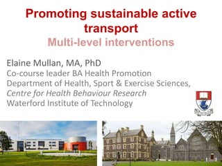 Promoting sustainable active 
transport 
Multi-level interventions 
Elaine Mullan, MA, PhD 
Co-course leader BA Health Promotion 
Department of Health, Sport & Exercise Sciences, 
Centre for Health Behaviour Research 
Waterford Institute of Technology 
 