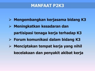 MANFAAT P2K3 
 Mengembangkan kerjasama bidang K3 
 Meningkatkan kesadaran dan 
partisipasi tenaga kerja terhadap K3 
 Forum komunikasi dalam bidang K3 
 Menciptakan tempat kerja yang nihil 
kecelakaan dan penyakit akibat kerja 
 