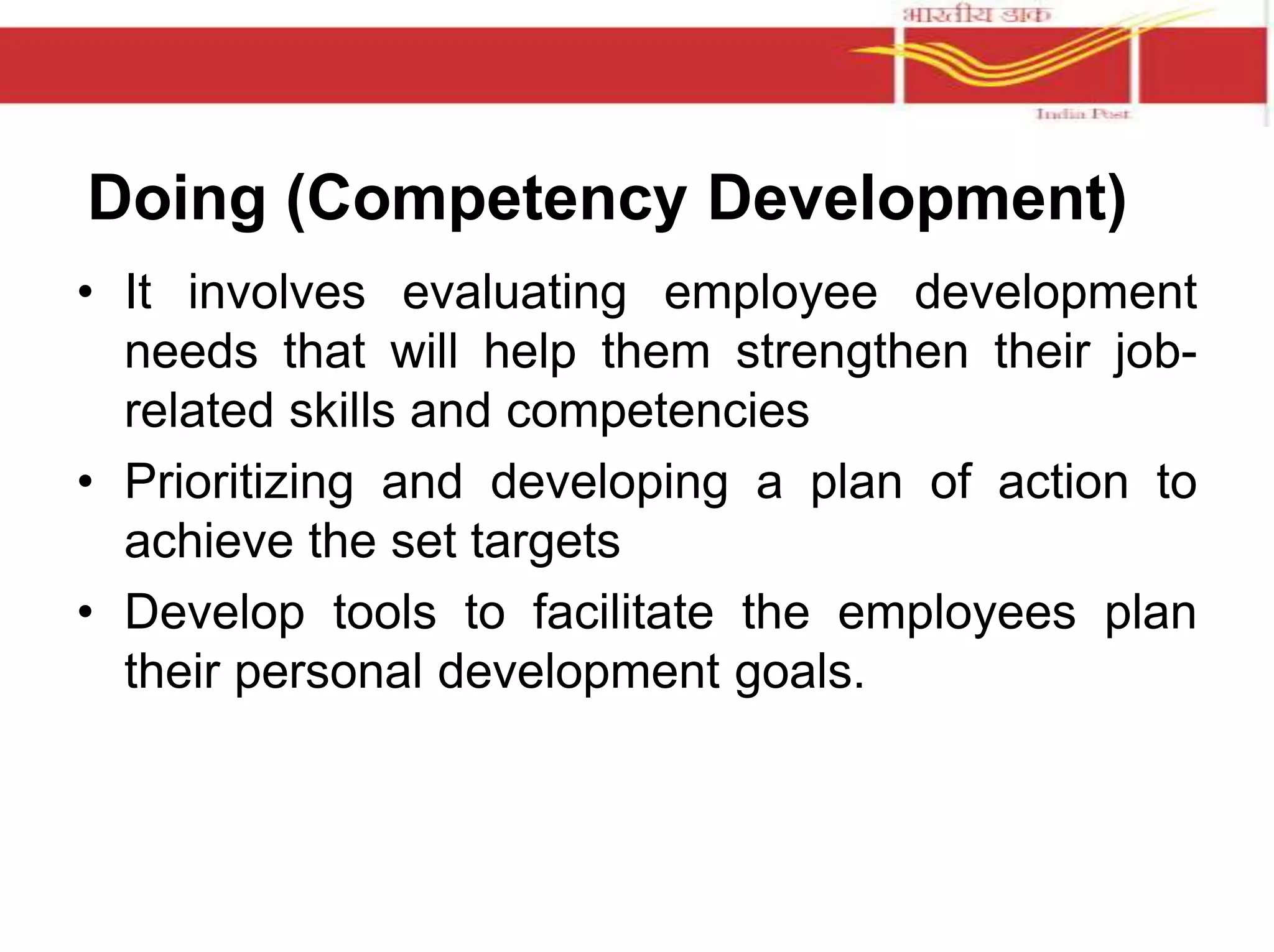 Doing (Competency Development) 
• It involves evaluating employee development 
needs that will help them strengthen their job-related 
skills and competencies 
• Prioritizing and developing a plan of action to 
achieve the set targets 
• Develop tools to facilitate the employees plan 
their personal development goals. 
 