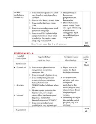 Di akhir 
pembelajaran 
diharapkan : 
 Guru meminta kepada siswa untuk 
menyimpulkan materi yang baru 
dipelajari 
 Guru memberikan tes kepada siswa 
 Guru memberikan tugas rumah 
(PR) 
 Guru menyampaikan arahan untuk 
pertemuan selanjutnya 
 Guru mengakhiri kegiatan belajar 
dengan memberikan pesan untuk 
tetap belajar dan meningkatkan 
sikap yang baik di rumah. 
 Mengembangkan 
kemampuan 
pengetahuan dan 
keterampilan 
 Menumbuhkan rasa 
syukur kepada Tuhan 
atas segala hikmat yang 
telah diberikan, 
sehingga kita dapat 
mengakhiri pelajaran 
dengan baik. 
This Total time for 3 x 45 minutes 135 
Menit 
PERTEMUAN KE – 4. 
Langkah 
Pembelajaran 
Kegiatan Belajar 
(Aktivitas Guru) 
Kompetensi yang 
dikembangkan 
Alokasi 
waktu 
Pendahuluan 
10 
Menit 
 Komunikasi 
 Apersepsi 
 Motivasi 
 Guru mengucapkan salam dan 
mengarahkan siswa untuk 
memimpin doa 
 Guru mengecek kehadiran siswa 
 Guru memberikan gambaran 
tentang pentingnya memahami 
Pemecahan masalah 
SPTDKDVdalam kehidupan sehari-hari. 
 Mendorong rasa ingin tahu dan 
berpikir kritis, siswa diajak 
memecahkan masalah mengenai 
bagaimana menemukan 
Pemecahan masalah SPTDKDV 
 Guru menyampaikan tujuan 
pembelajaran yang ingin dicapai. 
 Dapat menjawab 
salam, dan dapat 
berdoabersama-sama 
 Sikap peduli dan 
perhatian pada guru, 
serta proses 
pembelajaran dan 
materi pelajaran yang 
akan dipelajari diikuti 
dengan sungguh-sungguh 
 Mendorong rasa ingin 
tahu terhadap materi 
pelajaran yang akan 
dipelajari 
Kegiatan inti 
110Me 
nit 
 