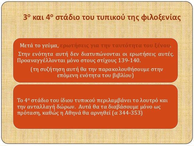 3Î¿ ÎºÎ±Î¹ 4Î¿ ÏƒÏ„Î¬Î´Î¹Î¿ Ï„Î¿Ï… Ï„Ï…Ï€Î¹ÎºÎ¿Ï Ï„Î·Ï‚ Ï†Î¹Î»Î¿Î¾ÎµÎ½Î¯Î±Ï‚ 
ÎœÎµÏ„Î¬ Ï„Î¿ Î³ÎµÏÎ¼Î±, ÎµÏÏ‰Ï„Î®ÏƒÎµÎ¹Ï‚ Î³Î¹Î± Ï„Î·Î½ Ï„Î±Ï…Ï„ÏŒÏ„Î·Ï„Î± Ï„Î¿Ï… Î¾Î­Î½Î¿Ï…. 
Î£Ï„Î·Î½ ÎµÎ½ÏŒÏ„Î·Ï„Î± Î±Ï…Ï„Î® Î´ÎµÎ½ ...