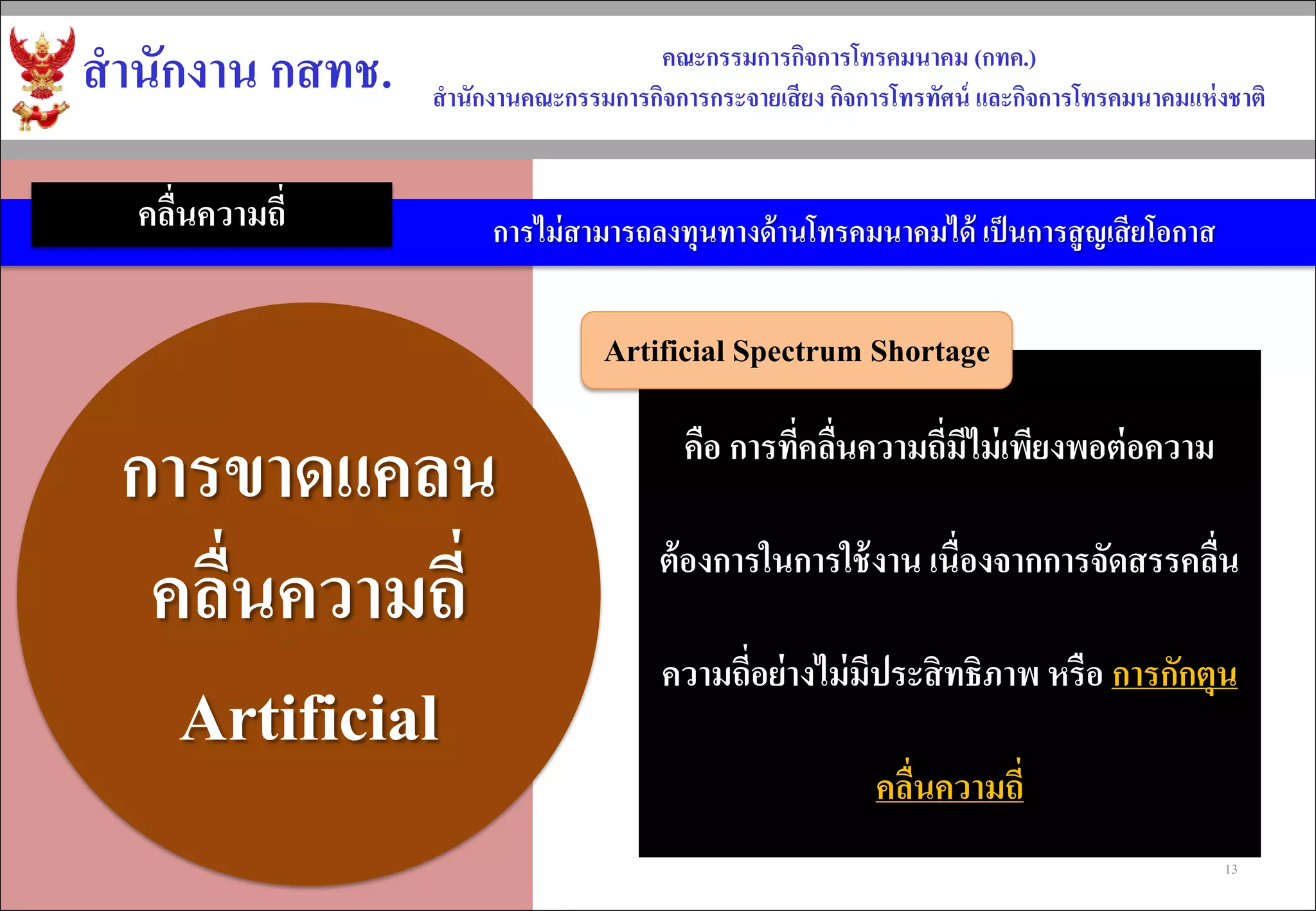 คือ การที่คลื่นความถี่มีไม่เพียงพอต่อความ ต้องการในการใช้งาน เนื่องจากการจัดสรรคลื่น ความถี่อย่างไม่มีประสิทธิภาพ หรือ การกักตุน คลื่นความถี่ 
สำนักงำน กสทช. 
คณะกรรมกำรกิจกำรโทรคมนำคม (กทค.) 
สำนักงำนคณะกรรมกำรกิจกำรกระจำยเสียง กิจกำรโทรทัศน์ และกิจกำรโทรคมนำคมแห่งชำติ 
กำรไม่สำมำรถลงทุนทำงด้ำนโทรคมนำคมได้ เป็นกำรสูญเสียโอกำส 
คลื่นความถี่ 
การขาดแคลน คลื่นความถี่ 
Artificial 
Artificial Spectrum Shortage 
13  