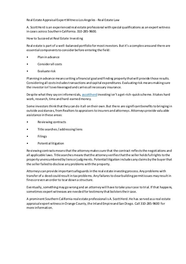 Real Estate Appraisal Expert Witness Los Angeles Real Estate Law