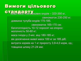 ВВииммооггии ццііллььооввооггоо 
ссттааннддааррттуу жжиивваа ммаассаа ппооввннооввііккооввиихх ккннуурріівв –– 332200--335500 ккгг,, 
ссввииннооммааттоокк 223300--225500 ккгг;; 
ддооввжжииннаа ттууллууббаа ккннуурріівв 117755--118855,, 
ссввииннооммааттоокк 116655--117700 ссмм;; 
ббааггааттооппллііддннііссттьь 1100--1122 ппооррооссяятт ннаа ооппоорроосс;; 
ммооллооччннііссттьь 5500--6600 ккгг;; 
ммаассаа ггннііззддаа уу 22--мміісс.. ввііцціі 118800--118855 ккгг;; 
ввіікк ддооссяяггннеенннняя жжииввооїї ммаассии 110000 ккгг ззаа 118855 ддіібб;; 
ввииттррааттии ккооррмміівв ннаа 11 ккгг ппррииррооссттуу 33,,99--44,,00 ккооррмм,, оодд..;; 
ттооввщщииннаа шшппииккуу 2211--2244 мммм;; 
 
