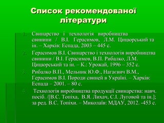 ССппииссоокк ррееккооммееннддооввааннооїї 
ллііттееррааттууррии 
11.. ССввииннааррссттввоо іі ттееххннооллооггііяя ввииррооббннииццттвваа 
ссввииннииннии // ВВ..ІІ.. ГГеерраассииммоовв,, ЛЛ..ММ.. ЦЦииццююррссььккиийй ттаа 
іінн.. –– ХХааррккіівв:: ЕЕссппааддаа,, 22000033 –– 445 сс.. 
22.. ГГеерраассииммоовв ВВ..ІІ.. ССввииннааррссттввоо іі ттееххннооллооггііяя ввииррооббннииццттвваа 
ссввииннииннии // ВВ..ІІ.. ГГеерраассииммоовв,, ВВ..ПП.. РРииббааллккоо,, ЛЛ..ММ.. 
ЦЦииццююррссььккиийй ттаа іінн.. –– КК..:: УУрроожжаайй,, 11999966 –– 33522 сс.. 
33.. РРииббааллккоо ВВ..ПП..,, ММееллььнниикк ЮЮ..ФФ..,, ННааггааєєввиичч ВВ..ММ..,, 
ГГеерраассииммоовв ВВ..ІІ.. ППооррооддии ссввииннеейй вв УУккррааїїнніі.. –– ХХааррккіівв:: 
ЕЕссппааддаа –– 22000011.. –– 8800 сс.. 
4.. ТТееххннооллооггііяя ввииррооббннииццттвваа ппррооддууккццііїї ссввииннааррссттвваа:: ннааввчч.. 
ппооссіібб.. //[[ВВ..СС.. ТТооппііххаа,, ВВ..ЯЯ.. ЛЛииххаачч,, СС..ІІ.. ЛЛууггооввоойй ттаа іінн..]];; 
ззаа рреедд.. ВВ..СС.. ТТооппііххии.. –– ММииккооллааїївв:: ММДДААУУ,, 22001122.. --4533 сс.. 
 