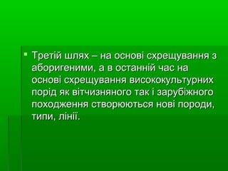  Третій шлях –– ннаа ооссннооввіі ссххрреещщуувваанннняя зз 
ааббооррииггееннииммии,, аа вв ооссттаанннніійй ччаасс ннаа 
ооссннооввіі ссххрреещщуувваанннняя ввииссооккооккууллььттууррнниихх 
ппоорріідд яякк ввііттччииззнняяннооггоо ттаакк іі ззааррууббііжжннооггоо 
ппооххоодджжеенннняя ссттввооррююююттььссяя ннооввіі ппооррооддии,, 
ттииппии,, ллііннііїї.. 
 