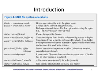 10 
Introduction 
Figure 4. UNIX file system operations 
filedes = open(name, mode) 
filedes = creat(name, mode) 
Opens an existing file with the given name. 
Creates a new file with the given name. 
Both operations deliver a file descriptor referencing the open 
file. The mode is read, write or both. 
status = close(filedes) Closes the open file filedes. 
count = read(filedes, buffer, n) 
count = write(filedes, buffer, n) 
Transfers n bytes from the file referenced by filedes to buffer . 
Transfers n bytes to the file referenced by filedes from buffer. 
Both operations deliver the number of bytes actually transferred 
and advance the read-write pointer. 
pos = lseek(filedes, offset, 
whence) 
Moves the read-write pointer to offset (relative or absolute, 
depending on whence). 
status = unlink(name) Removes the file name from the directory structure. If the file 
has no other names, it is deleted. 
status = link(name1, name2) Adds a new name (name2) for a file (name1) . 
status = stat(name, buffer) Gets the file attributes for file name into buffer. 
Couloris,Dollimore and Kindberg Distributed Systems: Concepts & Design Edn. 4 , Pearson Education 2005 
 