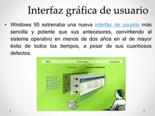 Interfaz gráfica de usuario 
• Windows 95 estrenaba una nueva interfaz de usuario más 
sencilla y potente que sus antecesores, convirtiendo al 
sistema operativo en menos de dos años en el de mayor 
éxito de todos los tiempos, a pesar de sus cuantiosos 
defectos. 
 