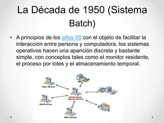 La Década de 1950 (Sistema 
Batch) 
• A principios de los años 50 con el objeto de facilitar la 
interacción entre persona y computadora, los sistemas 
operativos hacen una aparición discreta y bastante 
simple, con conceptos tales como el monitor residente, 
el proceso por lotes y el almacenamiento temporal. 
 