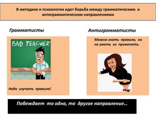 В методике и психологии идет борьба между грамматическим и 
антиграмматическим направлениями 
Грамматисты Антиграмматисты 
Надо изучать правила! 
Можно знать правила, но 
не уметь их применять. 
Побеждает то одно, то другое направление… 
 