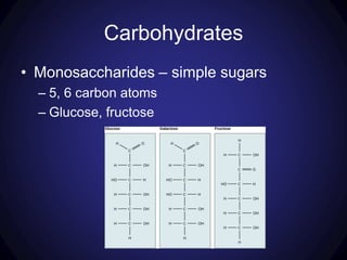 Carbohydrates
• Monosaccharides – simple sugars
– 5, 6 carbon atoms
– Glucose, fructose
 