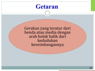 Getaran
22
Gerakan yang teratur dari
benda atau media dengan
arah bolak balik dari
kedudukan
keseimbangannya
 
