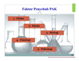 Faktor Penyebab PAK
14
1. Fisika
2. Kimia
3. Biologi
4. Fisiologi
5. Psikologi
 