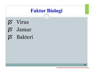 Faktor Biologi
 Virus
 Jamur
 Bakteri
17
 