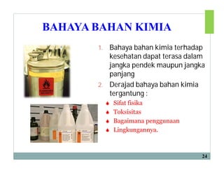 BAHAYA BAHAN KIMIA
1. Bahaya bahan kimia terhadap
kesehatan dapat terasa dalam
jangka pendek maupun jangka
panjang
2. Derajad bahaya bahan kimia
tergantung :
 Sifat fisika
 Toksisitas
 Bagaimana penggunaan
 Lingkungannya.
24
 