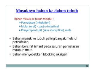 Masuknya bahan ke dalam tubuh
• Bahan masuk ke tubuh paling banyak melalui
pernafasan,
• Bahan bersifat iritant pada saluran pernafasan
maupun mata.
• Bahan menyebabkan blocking oksigen
28
Bahan masuk ke tubuh melalui :
Pernafasan (inhalation)
Mulut (oral) – gastro intestinal
Penyerapan kulit (skin absorption), mata
 