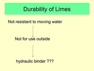 Durability of Limes 
Not resistant to moving water 
Not for use outside 
hydraulic binder ??? 
 
