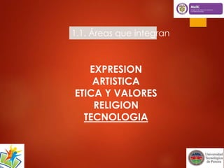 1.1. Áreas que integran 
EXPRESION 
ARTISTICA 
ETICA Y VALORES 
RELIGION 
TECNOLOGIA 
 