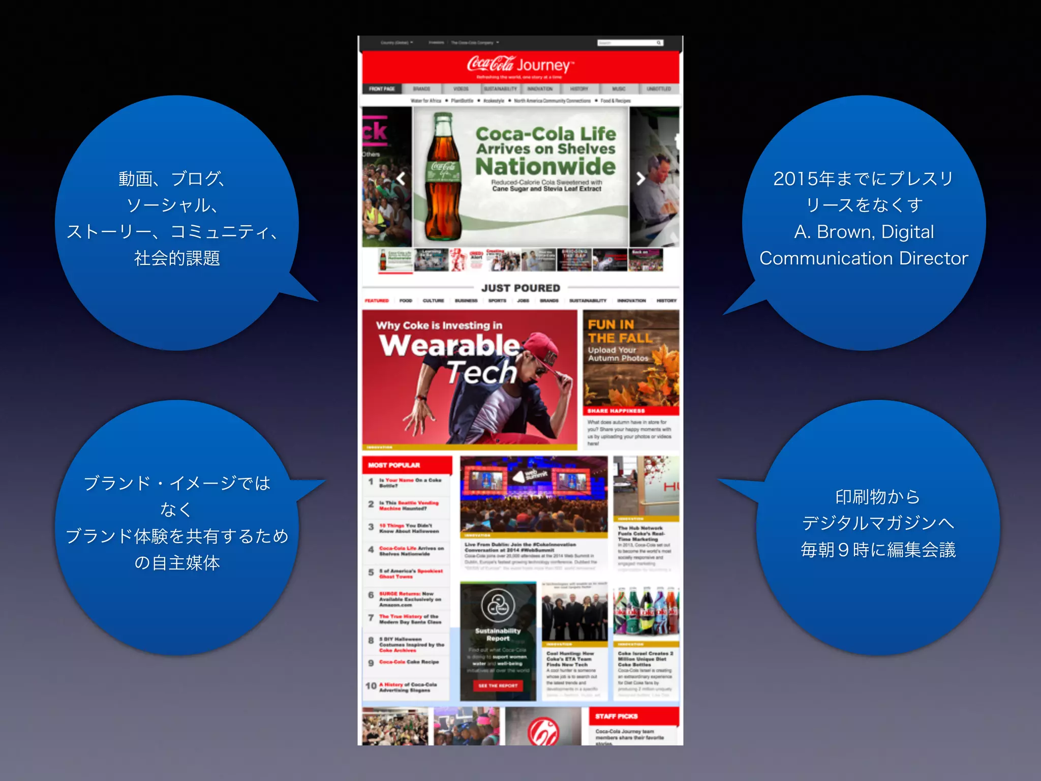 2015年までにプレスリ 
リースをなくす 
A. Brown, Digital 
Communication Director 
印刷物から 
デジタルマガジンへ 
毎朝９時に編集会議 
動画、ブログ、 
ソーシャル、 
ストーリー、コミュニティ、 
社会的課題 
ブランド・イメージでは 
なく 
ブランド体験を共有するため 
の自主媒体 
 