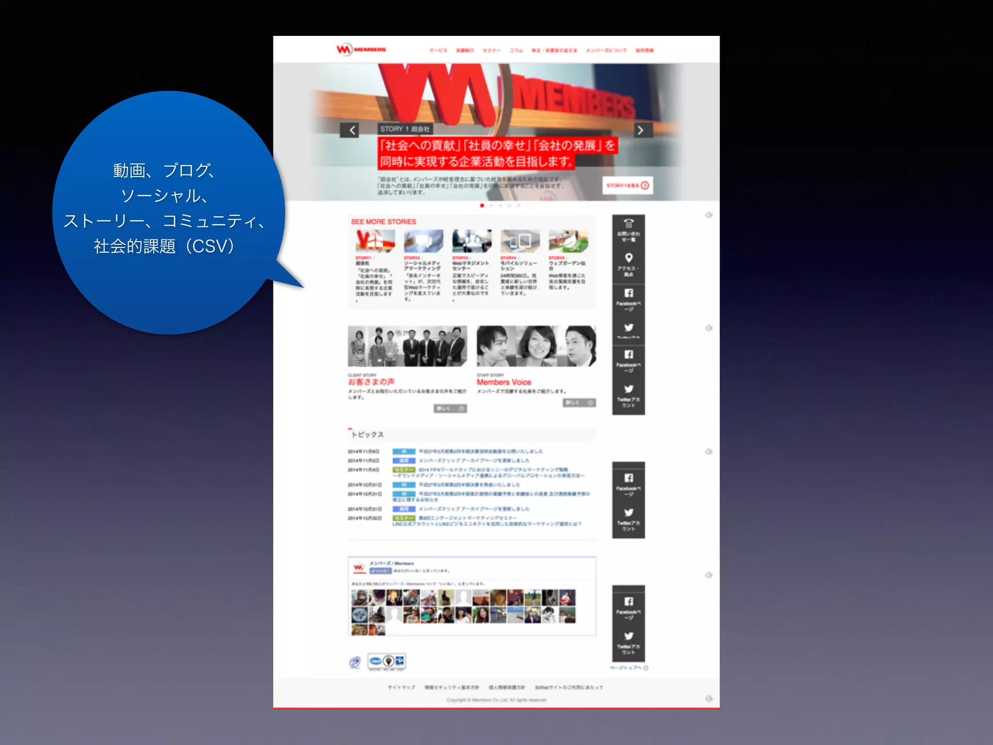 動画、ブログ、 
ソーシャル、 
ストーリー、コミュニティ、 
社会的課題（CSV） 
 
