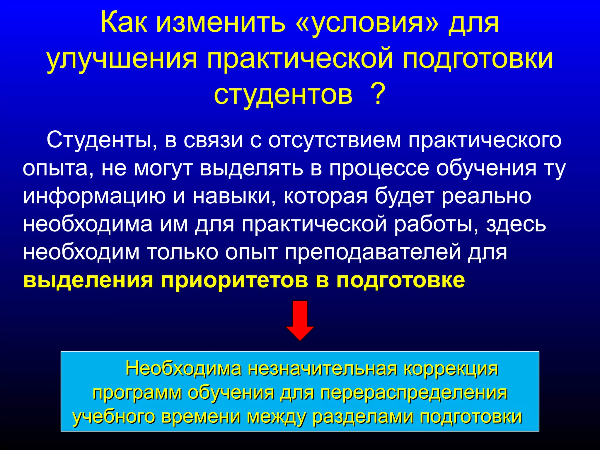 Как изменить «условия» для 
улучшения практической подготовки 
студентов ? 
Студенты, в связи с отсутствием практического 
опыта, не могут выделять в процессе обучения ту 
информацию и навыки, которая будет реально 
необходима им для практической работы, здесь 
необходим только опыт преподавателей для 
выделения приоритетов в подготовке 
Необходима ннееззннааччииттееллььннааяя ккооррррееккцциияя 
ппррооггрраамммм ооббууччеенниияя ддлляя ппеерреерраассппррееддееллеенниияя 
ууччееббннооггоо ввррееммееннии ммеежжддуу ррааззддееллааммии ппооддггооттооввккии 
 