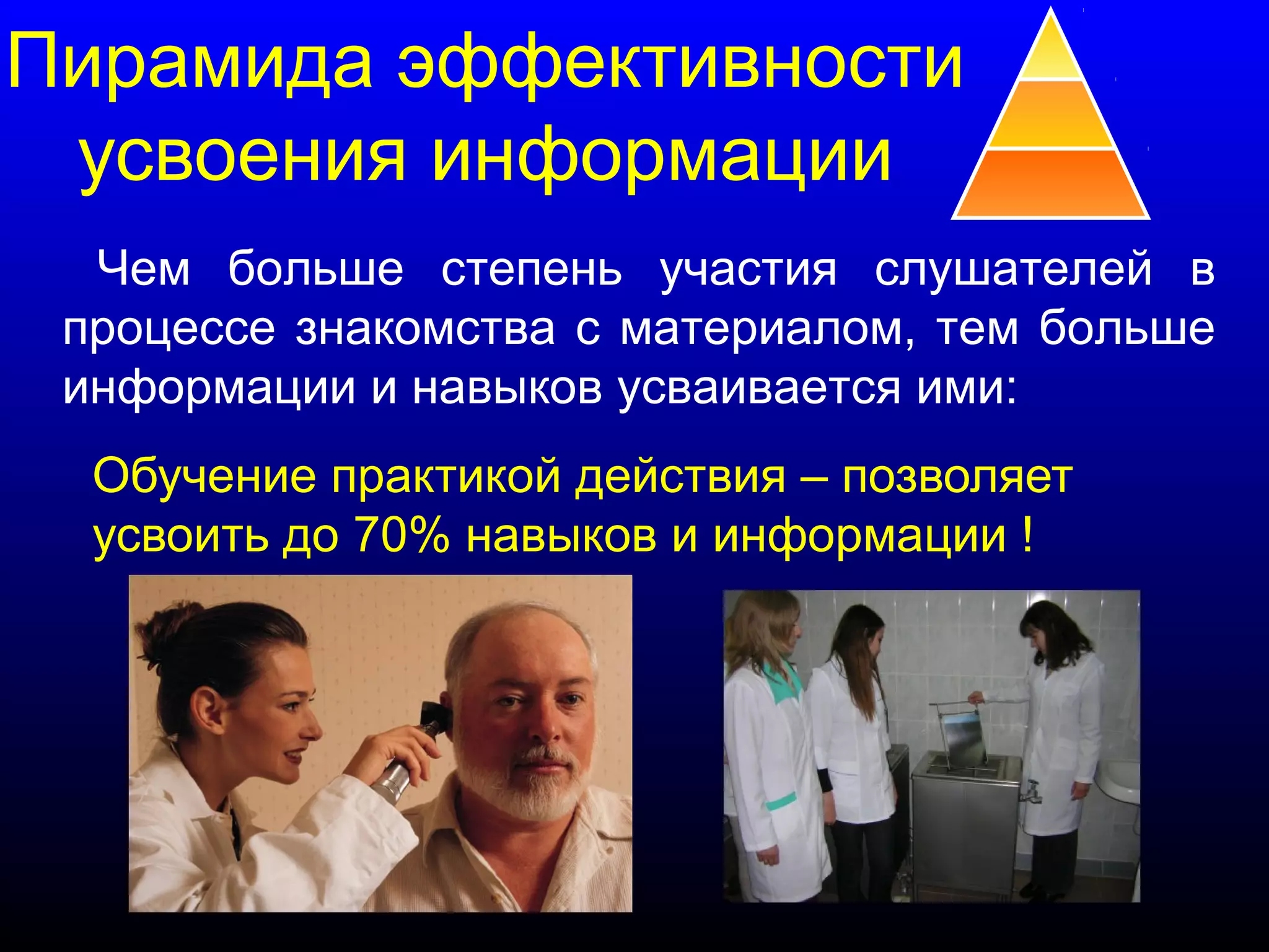 Пирамида эффективности 
усвоения информации 
Чем больше степень участия слушателей в 
процессе знакомства с материалом, тем больше 
информации и навыков усваивается ими: 
Обучение практикой действия – позволяет 
усвоить до 70% навыков и информации ! 
 