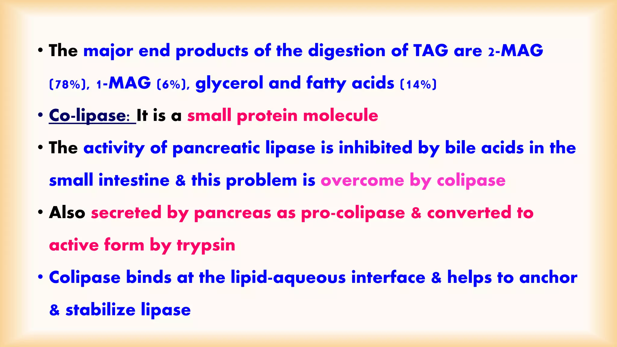 • The major end products of the digestion of TAG are 2-MAG 
(78%), 1-MAG (6%), glycerol and fatty acids (14%) 
• Co-lipase: It is a small protein molecule 
• The activity of pancreatic lipase is inhibited by bile acids in the 
small intestine & this problem is overcome by colipase 
• Also secreted by pancreas as pro-colipase & converted to 
active form by trypsin 
• Colipase binds at the lipid-aqueous interface & helps to anchor 
& stabilize lipase 
 