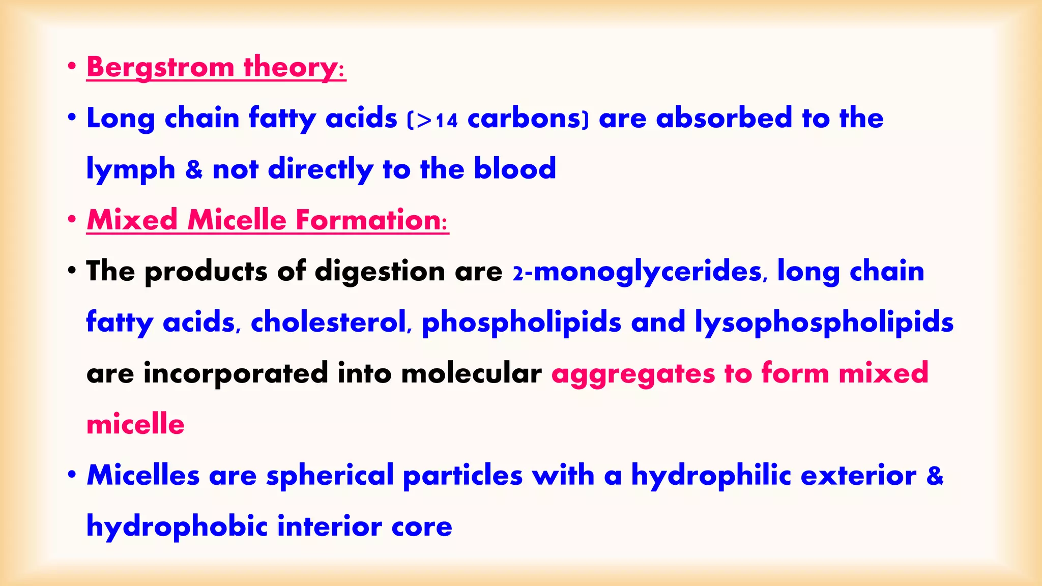 • Bergstrom theory: 
• Long chain fatty acids (>14 carbons) are absorbed to the 
lymph & not directly to the blood 
• Mixed Micelle Formation: 
• The products of digestion are 2-monoglycerides, long chain 
fatty acids, cholesterol, phospholipids and lysophospholipids 
are incorporated into molecular aggregates to form mixed 
micelle 
• Micelles are spherical particles with a hydrophilic exterior & 
hydrophobic interior core 
 