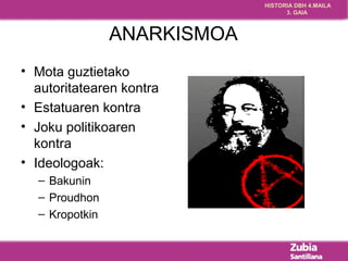 HISTORIA DBH 4.MAILA 
3. GAIA 
ANARKISMOA 
• Mota guztietako 
autoritatearen kontra 
• Estatuaren kontra 
• Joku politikoaren 
kontra 
• Ideologoak: 
– Bakunin 
– Proudhon 
– Kropotkin 
 