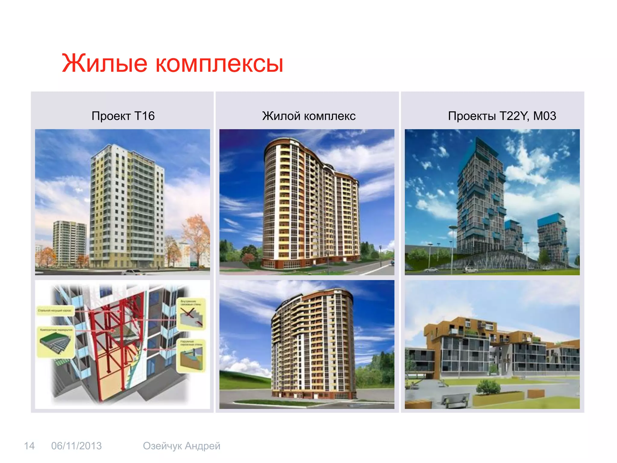 Жилые комплексы 
Проект Т16 
Жилой комплекс 
Проекты Т22Y, M03 
06/11/2013 
14 
Озейчук Андрей  