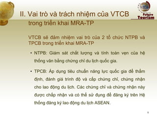II. Vai trò và trách nhiệm của VTCB 
trong triển khai MRA-TP 
VTCB sẽ đảm nhiệm vai trò của 2 tổ chức NTPB và TPCB trong triển khai MRA-TP 
•NTPB: Giám sát chất lượng và tính toàn vẹn của hệ thống văn bằng chứng chỉ du lịch quốc gia. 
•TPCB: Áp dụng tiêu chuẩn năng lực quốc gia để thẩm định, đánh giá trình độ và cấp chứng chỉ, chứng nhận cho lao động du lịch. Các chứng chỉ và chứng nhận này được chấp nhận và có thể sử đụng để đăng ký trên Hệ thống đăng ký lao động du lịch ASEAN. 
5  