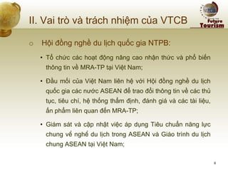 II. Vai trò và trách nhiệm của VTCB 
o Hội đồng nghề du lịch quốc gia NTPB: 
•Tổ chức các hoạt động nâng cao nhận thức và phổ biến thông tin về MRA-TP tại Việt Nam; 
•Đầu mối của Việt Nam liên hệ với Hội đồng nghề du lịch quốc gia các nước ASEAN để trao đổi thông tin về các thủ tục, tiêu chí, hệ thống thẩm định, đánh giá và các tài liệu, ấn phẩm liên quan đến MRA-TP; 
•Giám sát và cập nhật việc áp dụng Tiêu chuẩn năng lực chung về nghề du lịch trong ASEAN và Giáo trình du lịch chung ASEAN tại Việt Nam; 
6  